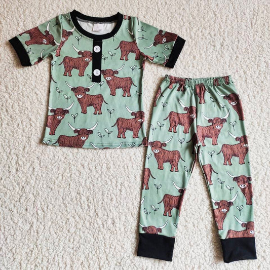 (Promotion)B9-25 Highland Cow Print Boys Short Sleeve Pants Pajamas Outfits