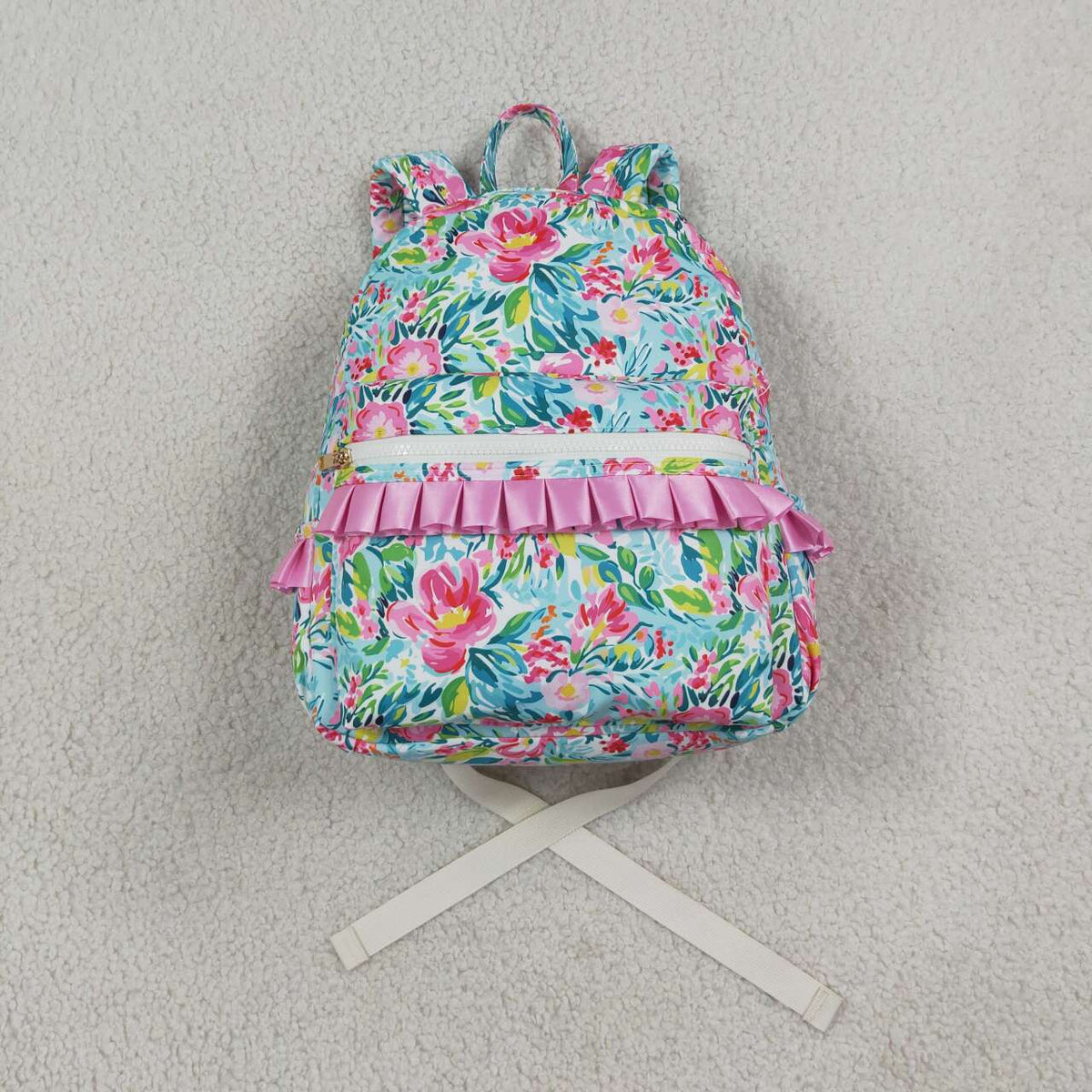 BA0176 Green Pink Flowers Backpack Baby Kids Girls Ruffle Back Bags