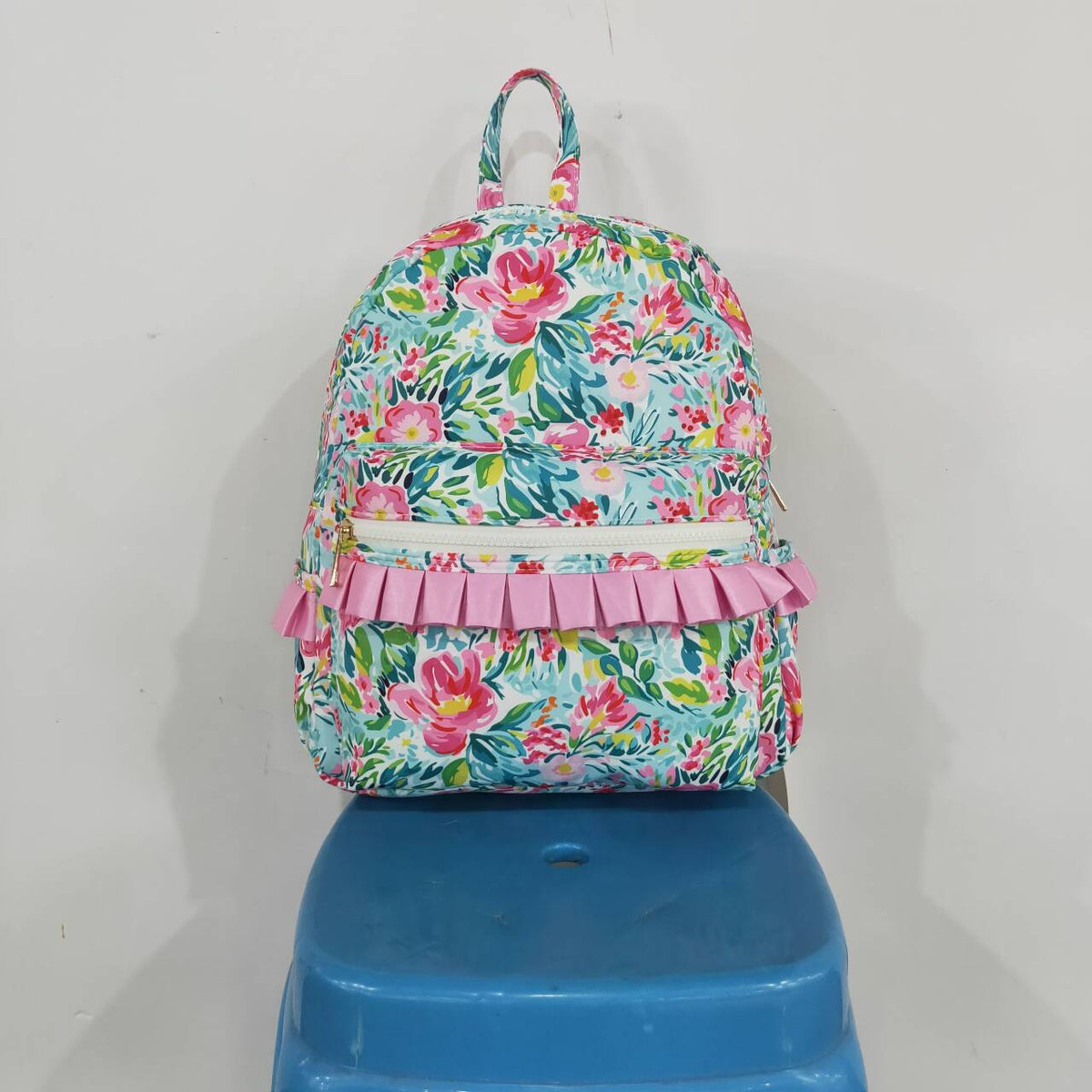 BA0176 Green Pink Flowers Backpack Baby Kids Girls Ruffle Back Bags