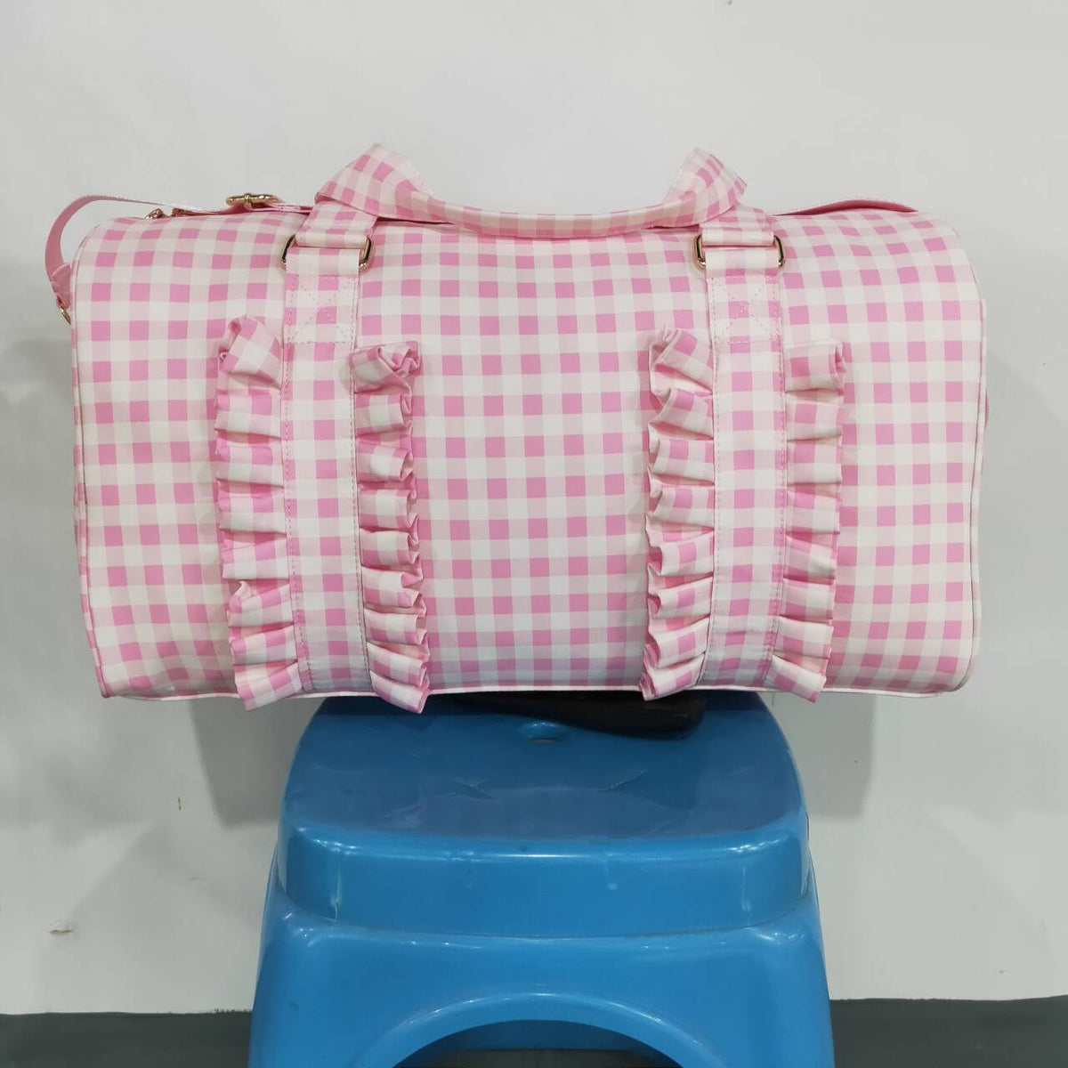 BA0469 Young Adult Pink Checkered Print Ruffle Kids Gym Bags