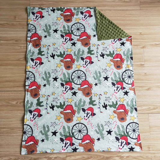 BL0030 Highland Cow Candy Cane Stars Baby Girls Christmas Blanket