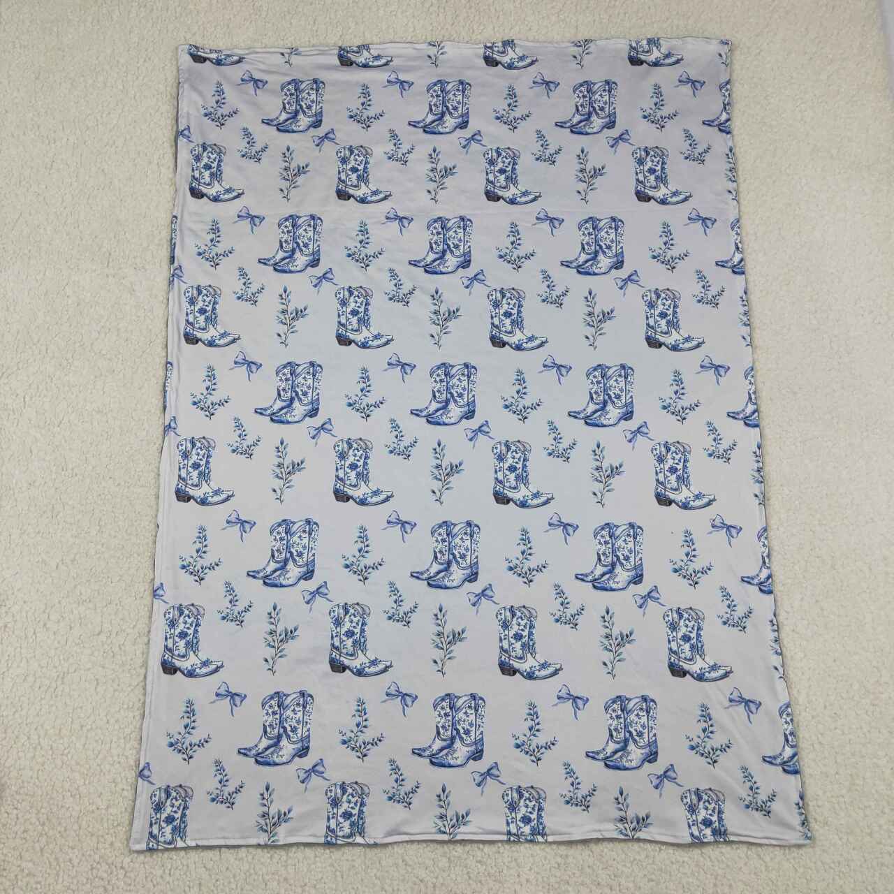 BL0229 Boots Flowers Bows Blue Baby Girls Western Blanket