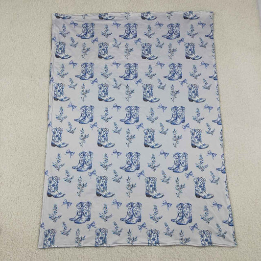 BL0229 Boots Flowers Bows Blue Baby Girls Western Blanket