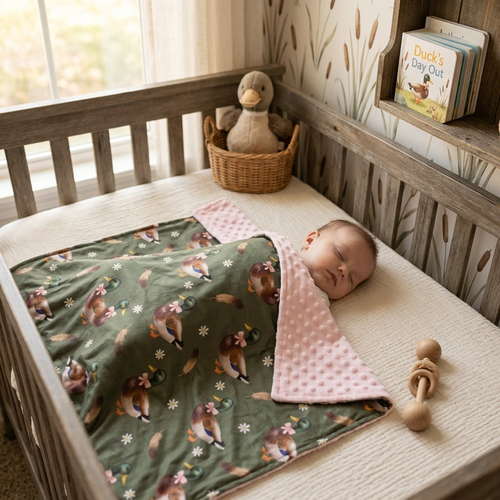 BL0283 Duck Call Feather Flowers Print Baby Girls Blanket