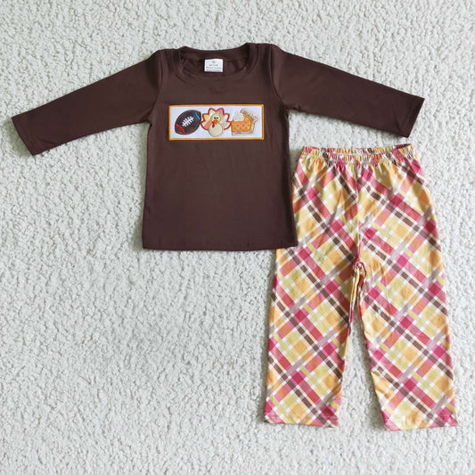 BLP0005 Turkey Football Pie Embroidery Brown Top Plaid Pants Boys Thanksgiving Clothes Set