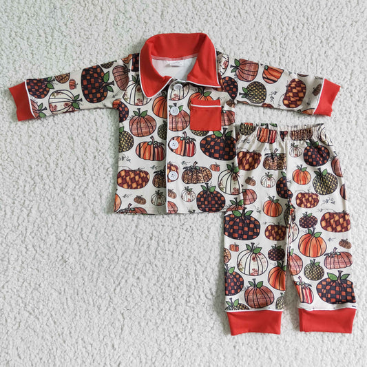 BLP0007 Pumpkin Print Boys Button Pajamas Clothes Set