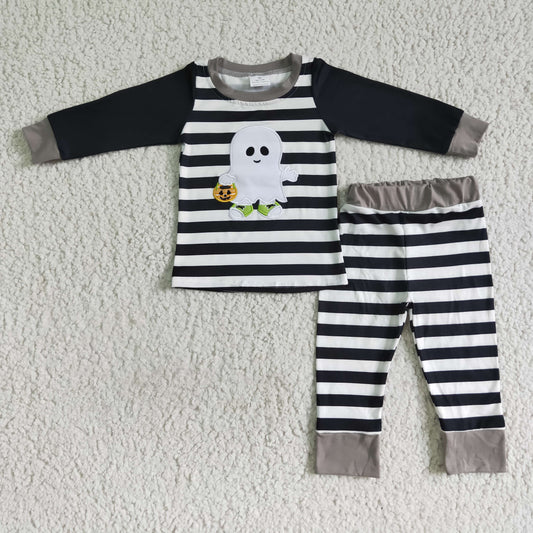 BLP0018 Ghost Embroidery Stripes Print Boys Halloween Clothes Set