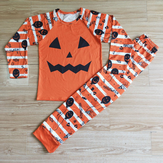 BLP0021 Pumpkin Smiling Orange Stripes Print Man Halloween Pajamas Clothes Set