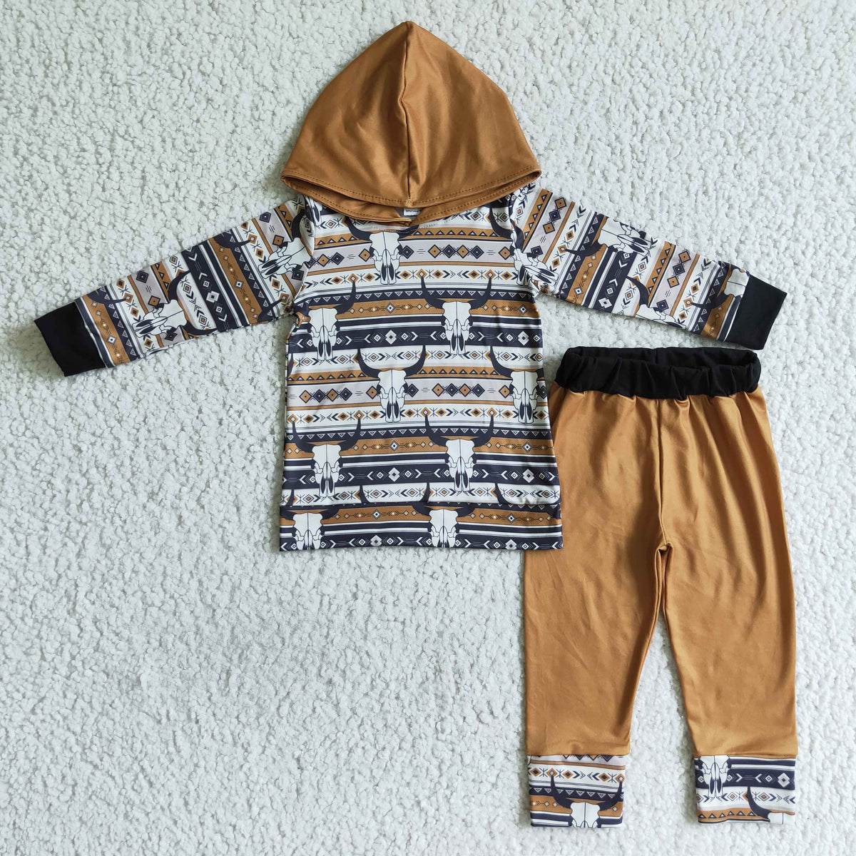 BLP0029 Cow Skull Print Hoodie Top Brown Pants Boys Clothes Set