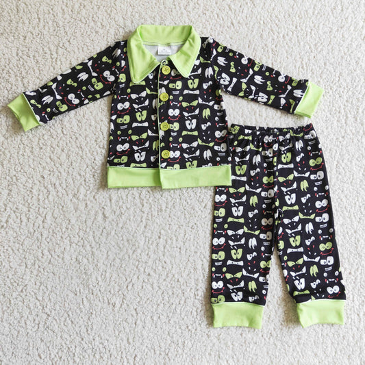 BLP0032 Eyes Smiling Print Boys Halloween Buttons Pajamas Clothes Set