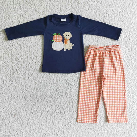 BLP0038 Pumpkin Dog Embroidery Navy Top Plaid Pants Boys Fall Clothes Set