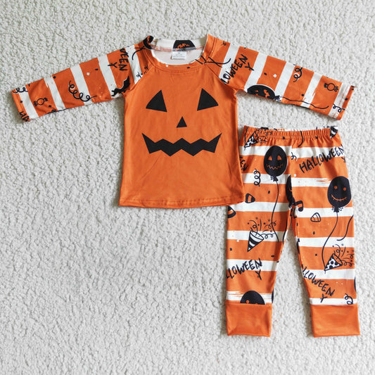 BLP0060 Pumpkin Smiling Orange Stripes Print Boys Halloween Pajamas Clothes Set