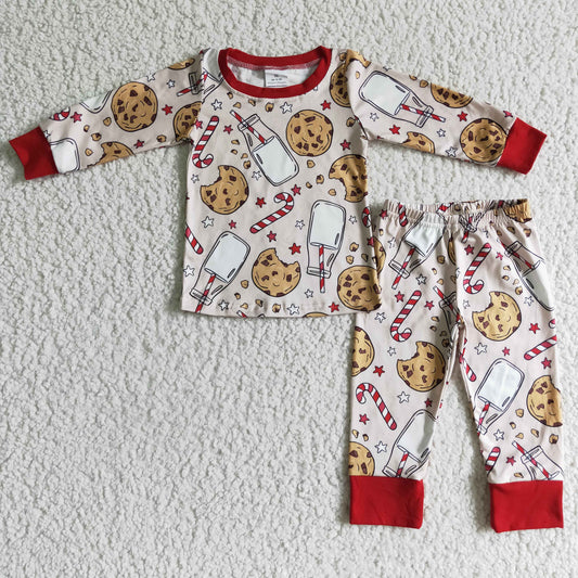 BLP0070 Cookies Milk Candy Cane Print Boys Christmas Pajamas Clothes Set