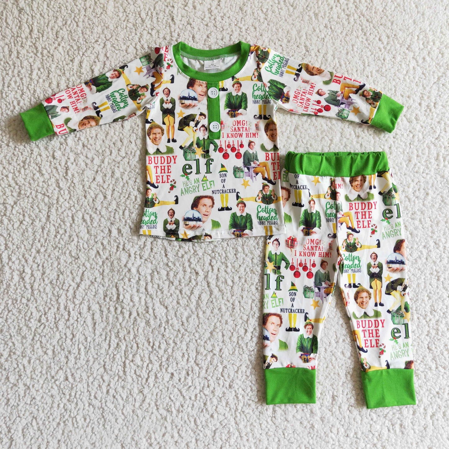 BLP0077 Cartoon Characters Shelf Green Print Boys Christmas Pajamas Clothes Set