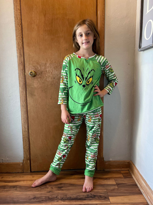 BLP0085 Green Frog Smiling Stripes Print Kids Christmas Pajamas Clothes Set