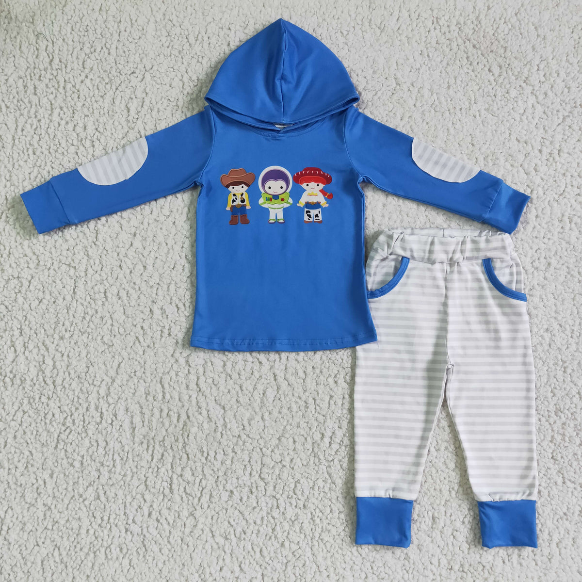 BLP0099 Cartoon Toy Blue Hoodie Top Stripes Pants Boys Clothes Set