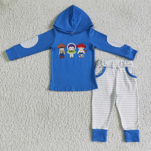 BLP0099 Cartoon Toy Blue Hoodie Top Stripes Pants Boys Clothes Set