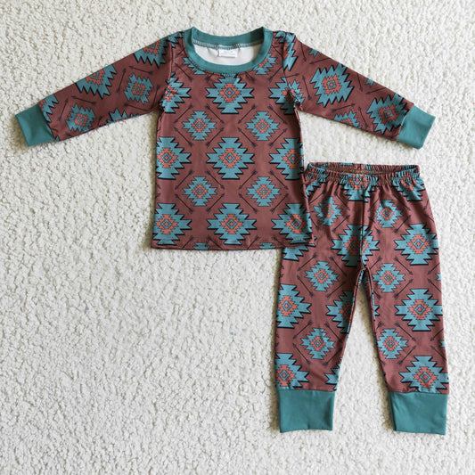 BLP0107 Aztec Brown Blue Print Boys Western Pajamas Clothes Set