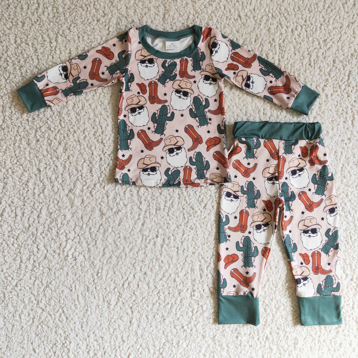 BLP0115 Santa Cowboy Print Boys Christmas Pajamas Clothes Set