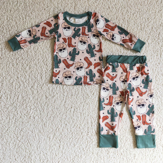 BLP0115 Santa Cowboy Print Boys Christmas Pajamas Clothes Set