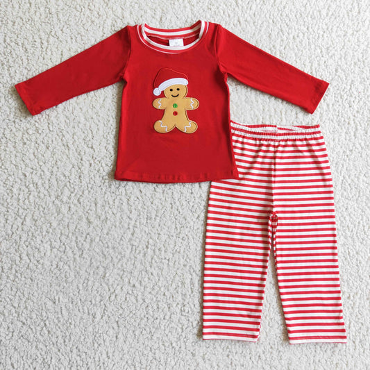 Gingerbread Embroidery Red Boys Christmas Pajamas Outfits      BLP0122
