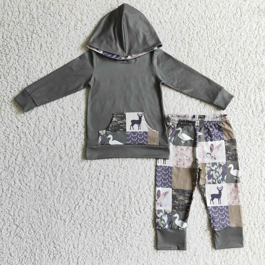 BLP0133 Boys Dark Grey Hunting Deer Duck Hoodie 2pcs Outfit