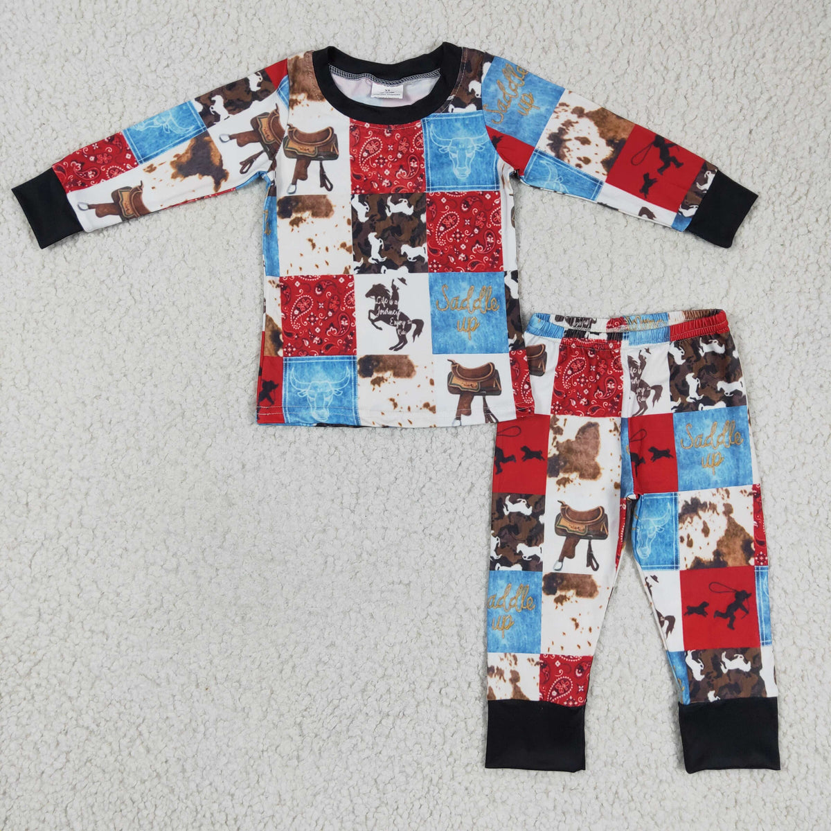BLP0136 Saddle Up Cowboy Checkered Print Boys Pajamas Clothes Set
