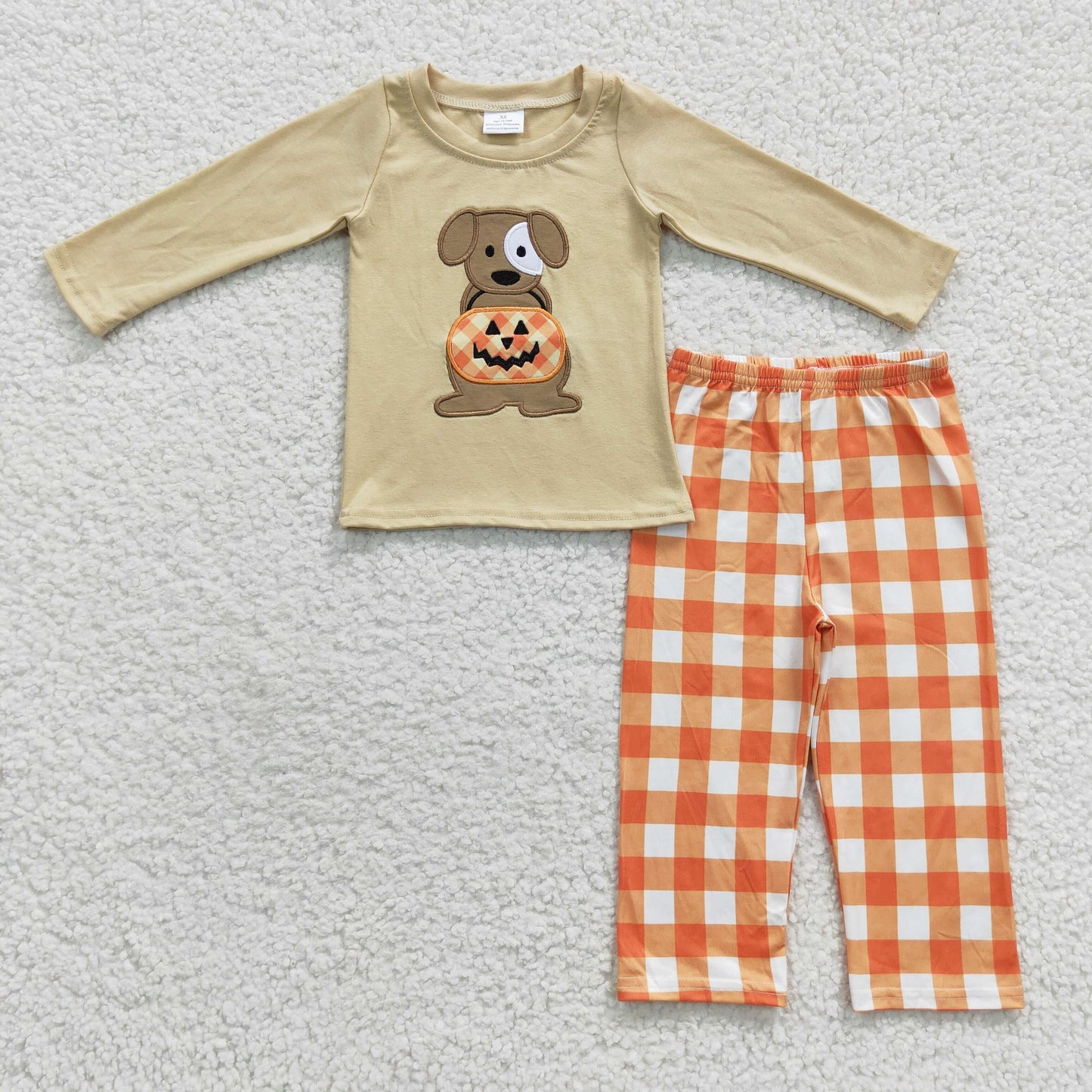 BLP0170 Pumpkin Dog Embroidery Top Plaid Pants Boys Halloween Clothes Set