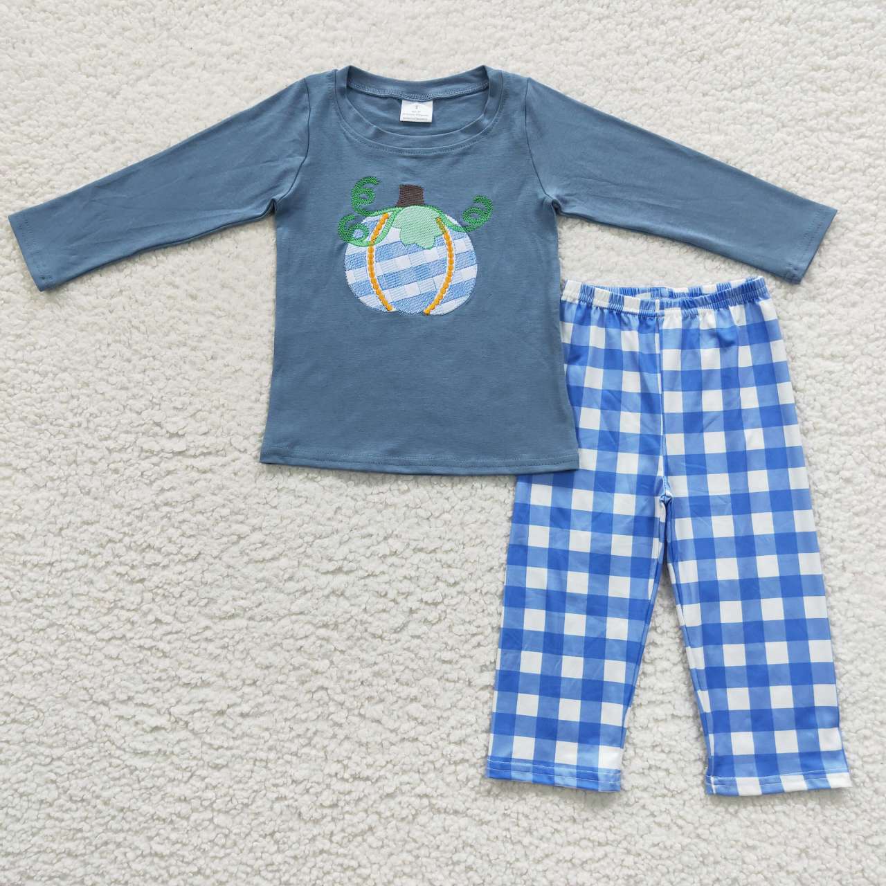 BLP0174 Pumpkin Embroidery Blue Top Plaid Pants Boys Fall Clothes Set