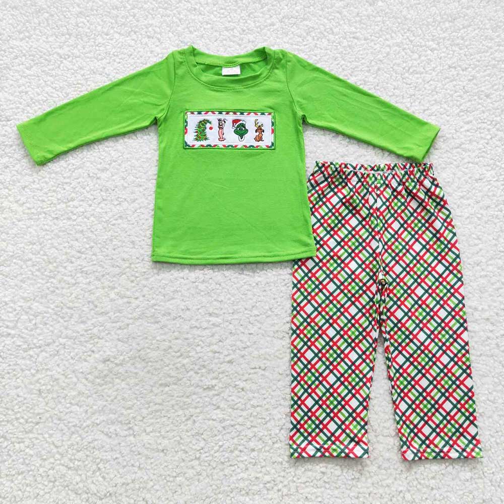 Sibling Baby Boys Girls Embroidery Green Faces Pants Christmas Clothes Sets