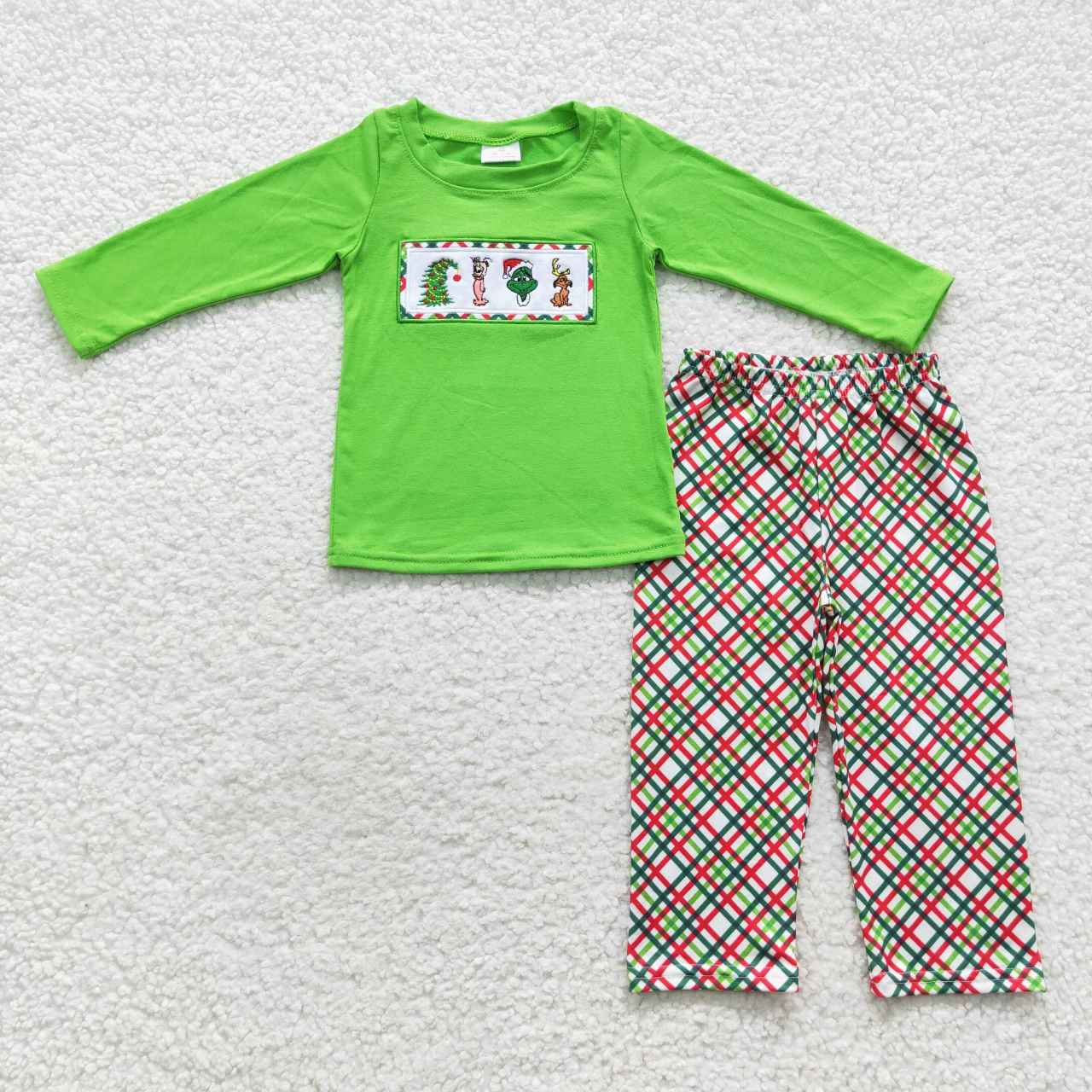 BLP0176 Green Frog Embroidery Top Checkered Pants Boys Christmas Clothes Set