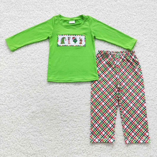 BLP0176 Green Frog Embroidery Top Checkered Pants Boys Christmas Clothes Set