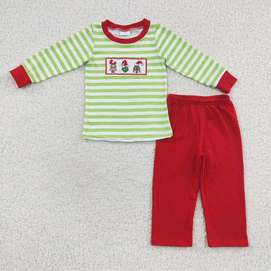 BLP0199 Green Frog Embroidery Stripes Top Red Pants Boys Christmas Clothes Set