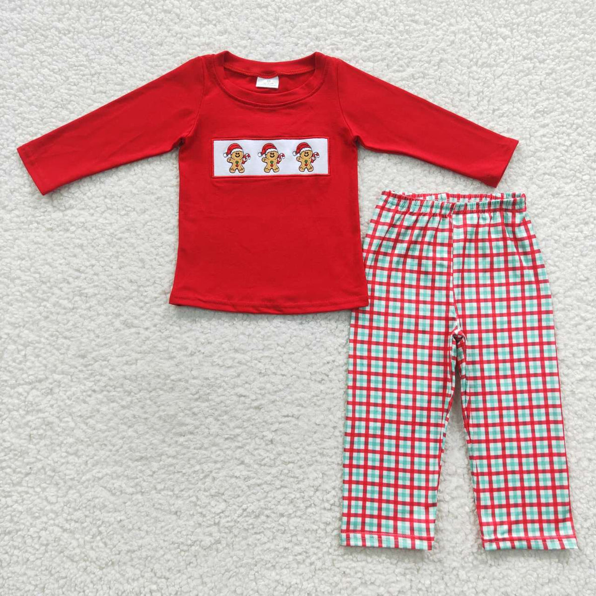 BLP0202 Gingerbread Embroidery Red Top Checkered Pants Boys Christmas Clothes Set