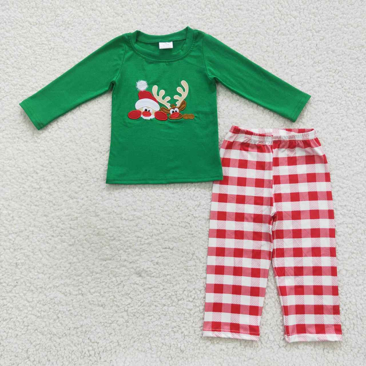 BLP0203 Santa Deer Embroidery Green Top Checkered Pants Boys Christmas Clothes Set