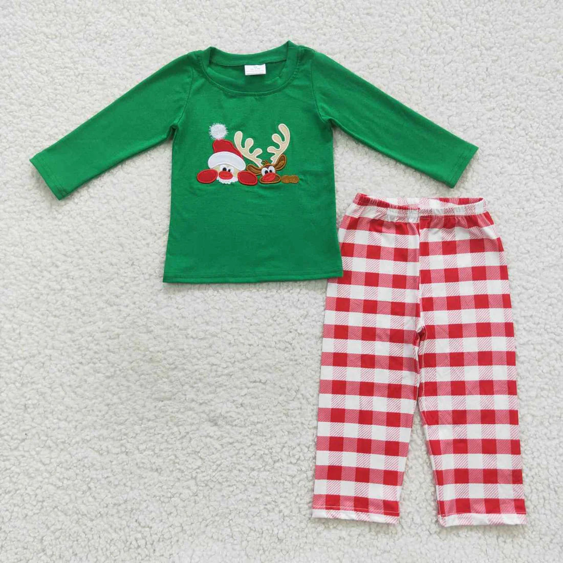 Sibling Baby Kids Embroidery Santa Deer Green Sleeves Christmas Clothes Sets Footie Rompers