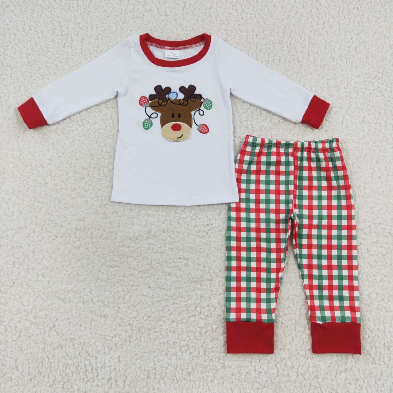 BLP0218 Deer Embroidery White Top Checkered Pants Boys Christmas Clothes Set