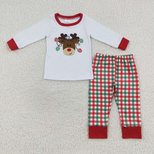 BLP0218 Deer Embroidery White Top Checkered Pants Boys Christmas Clothes Set