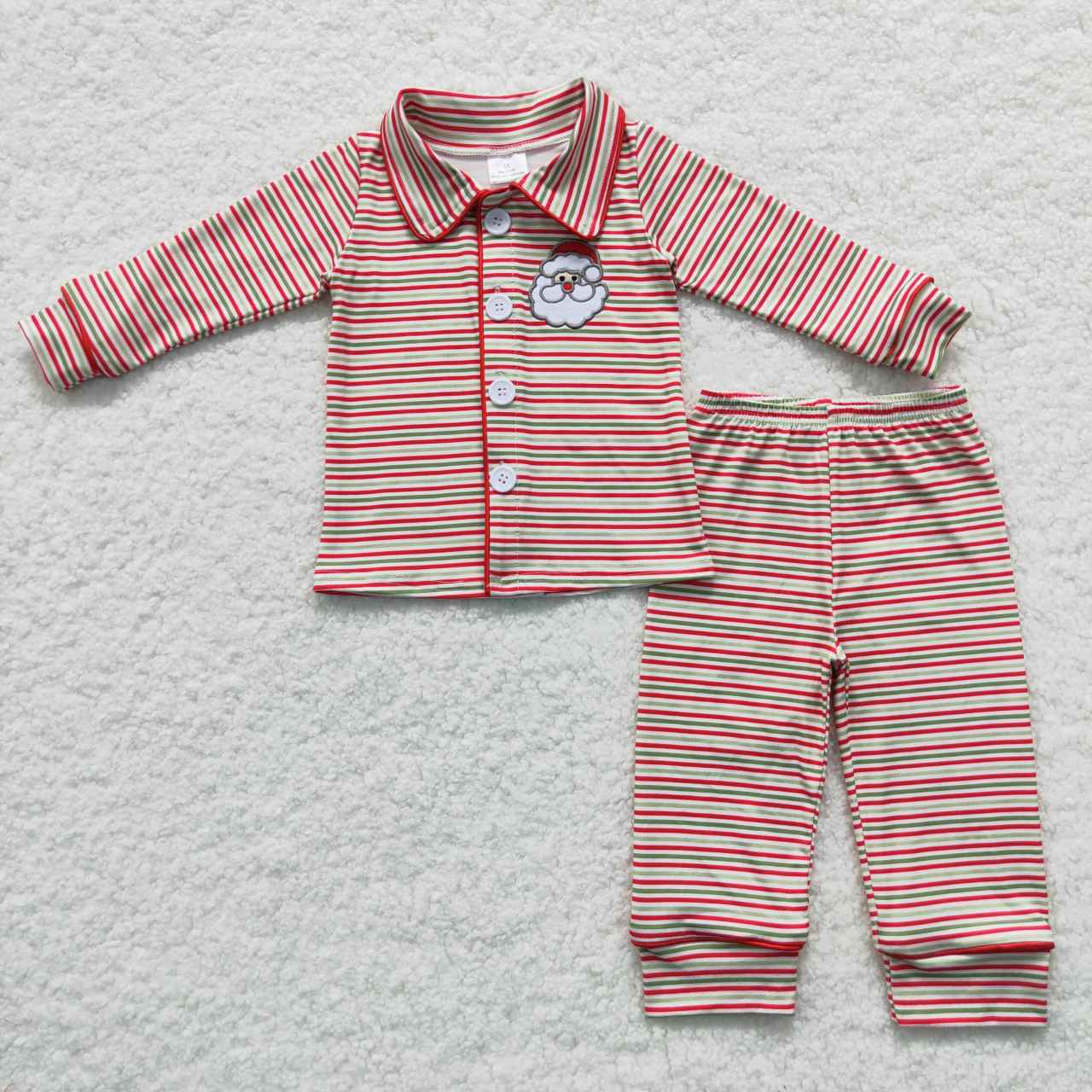 BLP0221 Santa Embroidery Stripes Boys Christmas Buttons Pajamas Clothes Set