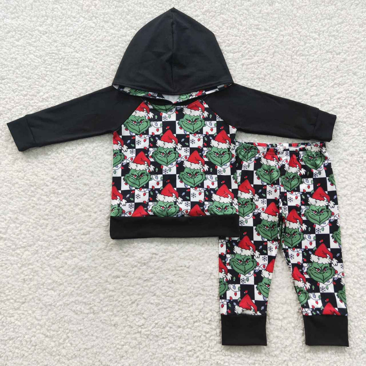 BLP0223 Green Frog Checkered Hoodie Top Pants Boys Christmas Clothes Set