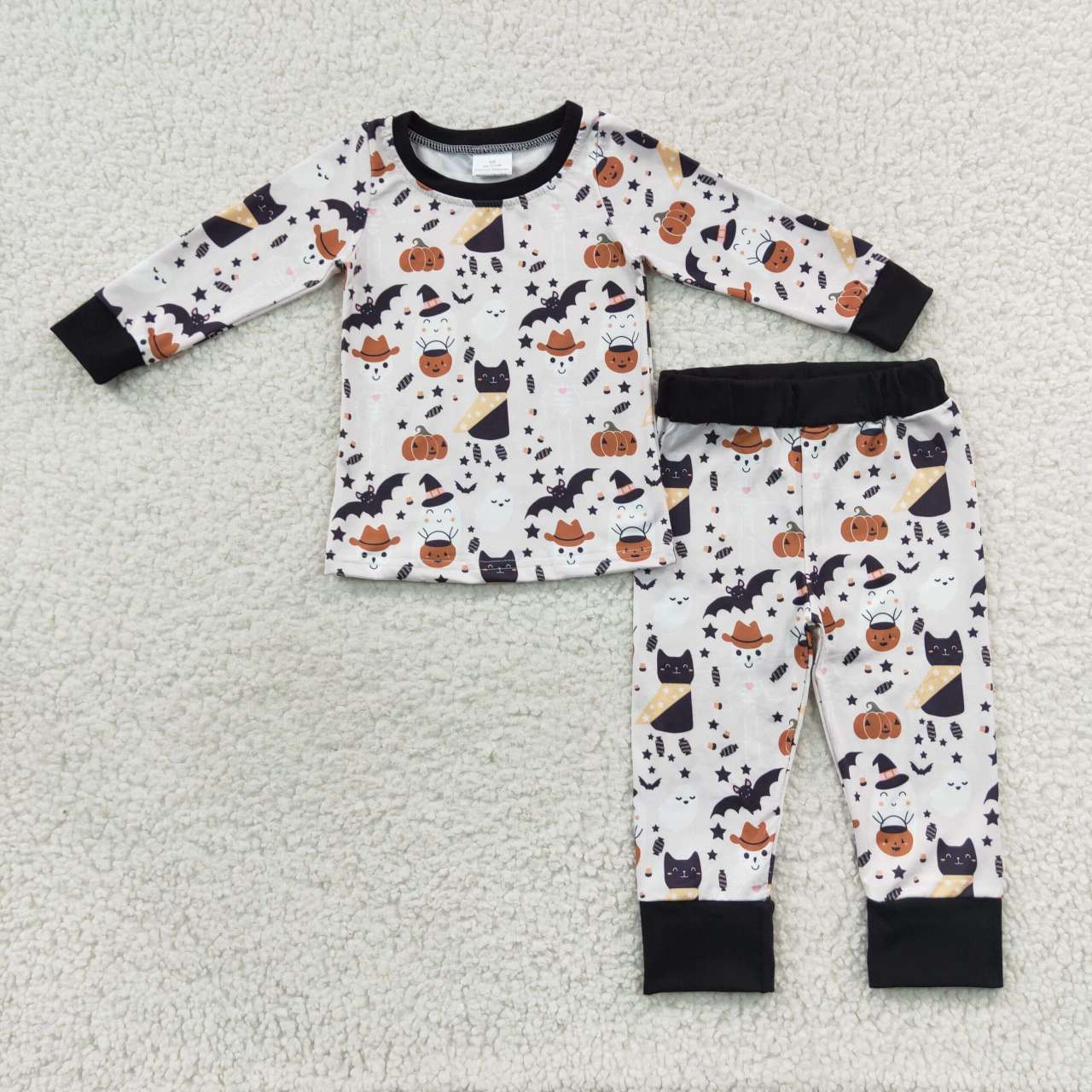 BLP0276 Pumpkin Bat Cat Ghost Stars Print Kids Halloween Pajamas Clothes Set