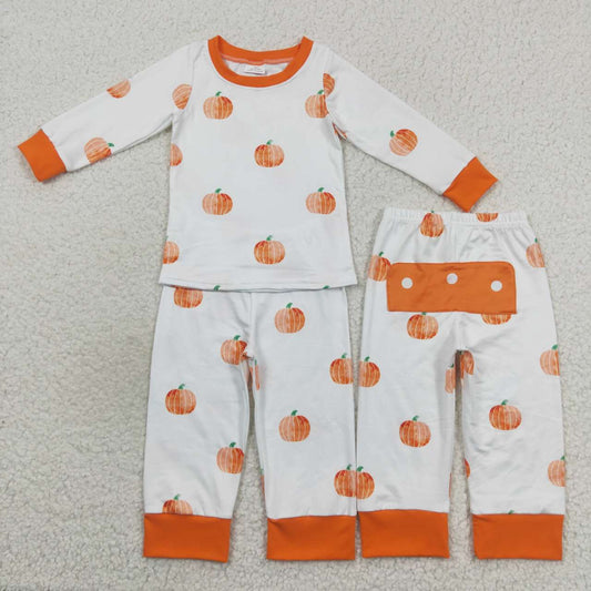 BLP0297 Pumpkin Orange White Print Boys Fall Pajamas Clothes Set