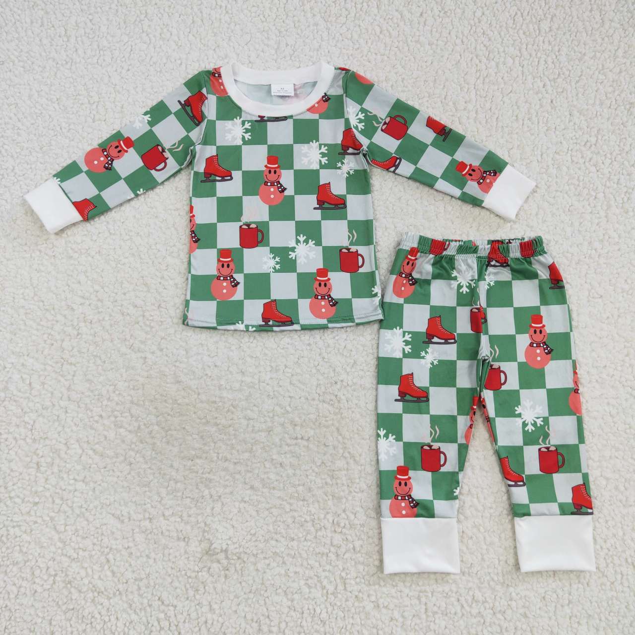 BLP0317 Snowman Checkered Print Boys Christmas Pajamas Clothes Set