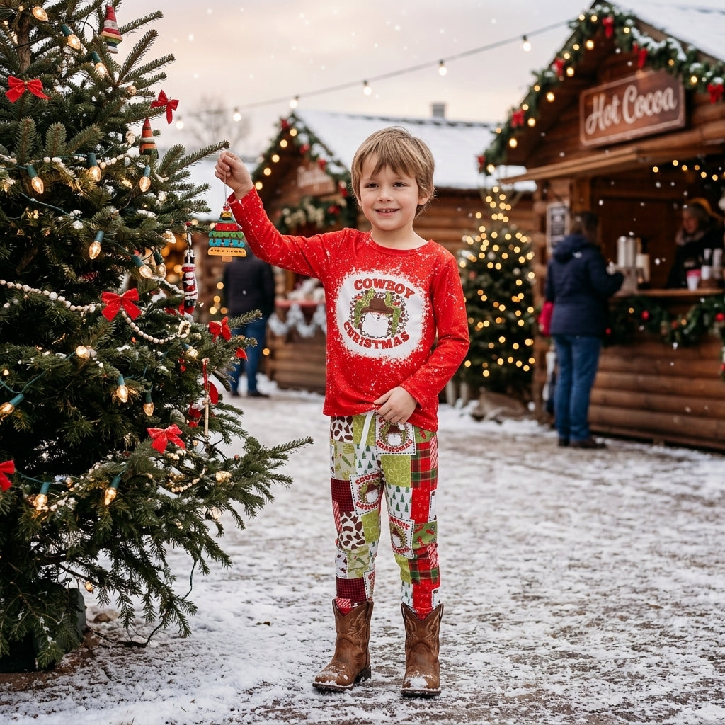 BLP0375 Cowboy Santa Red Top Checkered Pants Boys Christmas Clothes Set