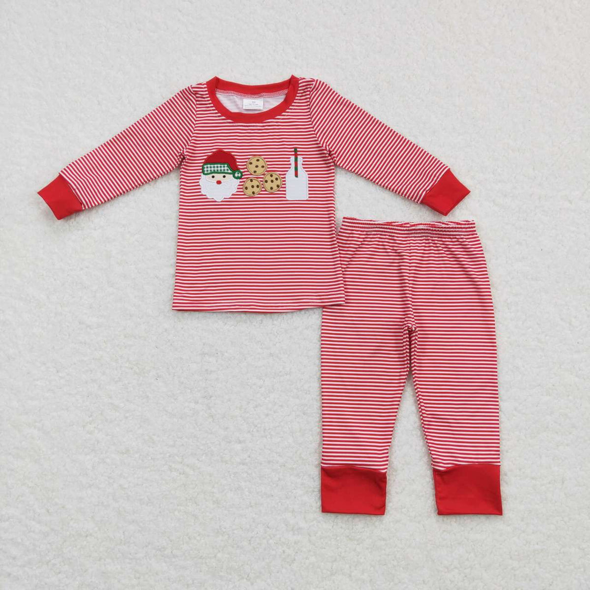 BLP0390 Santa Cookies Milk Embroidery Red Stripes Boys Christmas Pajamas Clothes Set