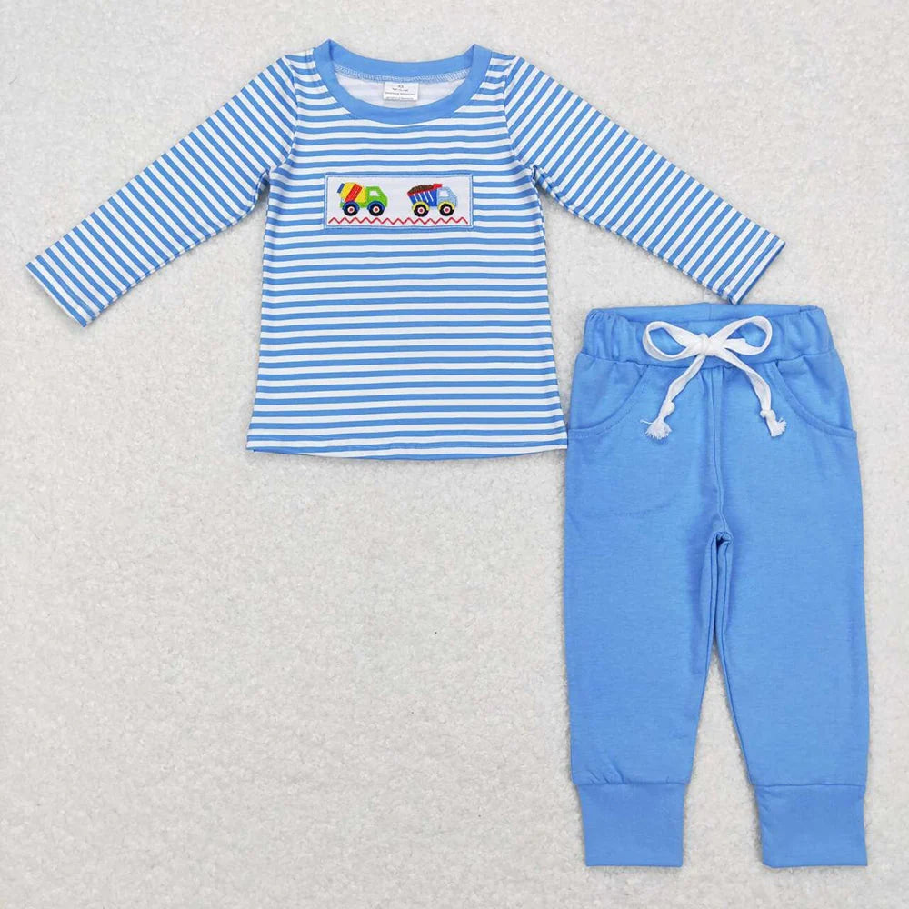 Sibling Baby Boys Construction Blue Striped Long Sleeve Pants Pajama Set