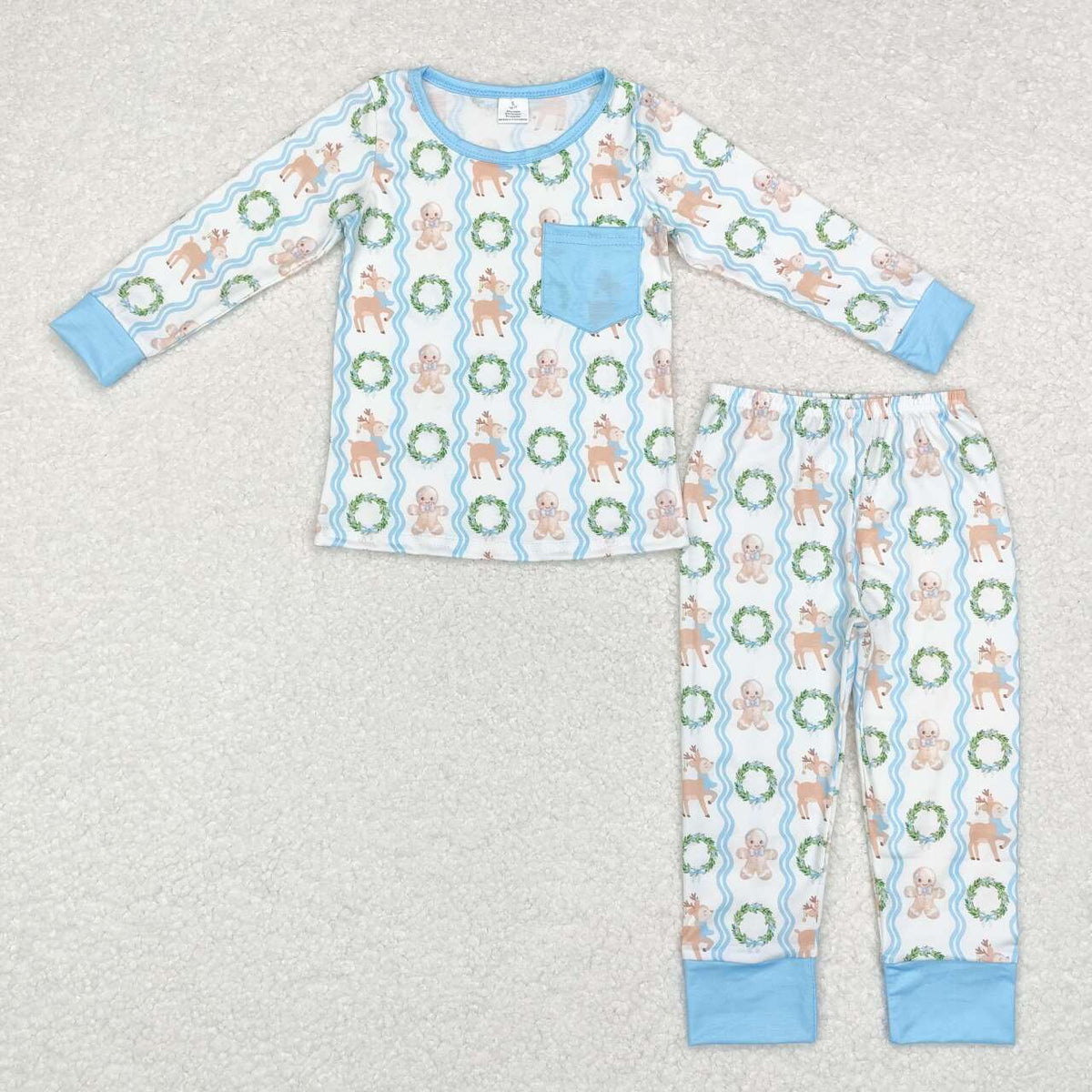 BLP0483 Gingerbread Deer Print Boys Christmas Bamboo Pajamas Clothes Set