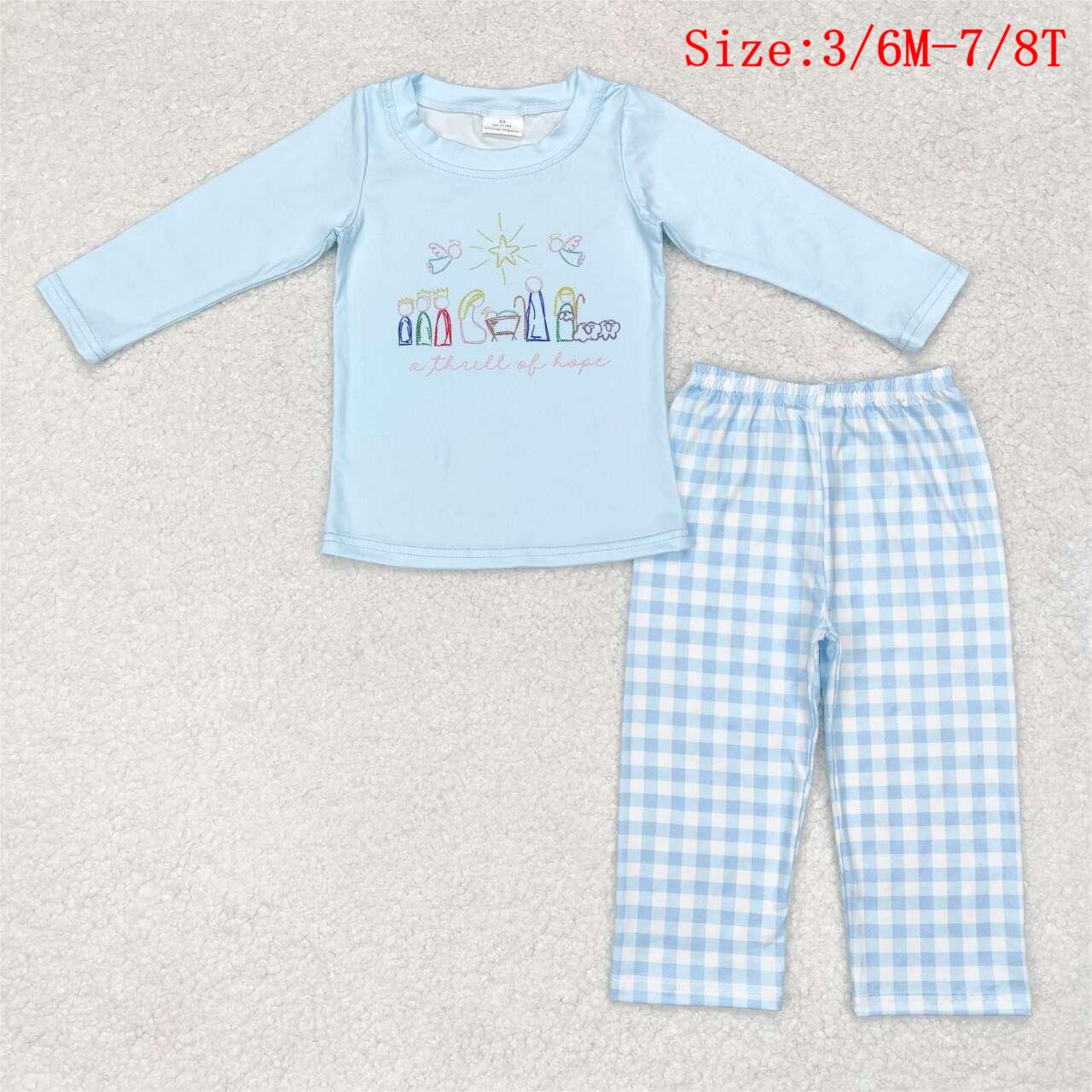 BLP0504 Nativity Hope Blue Checkered Print Boys Christmas Pajamas Clothes Set