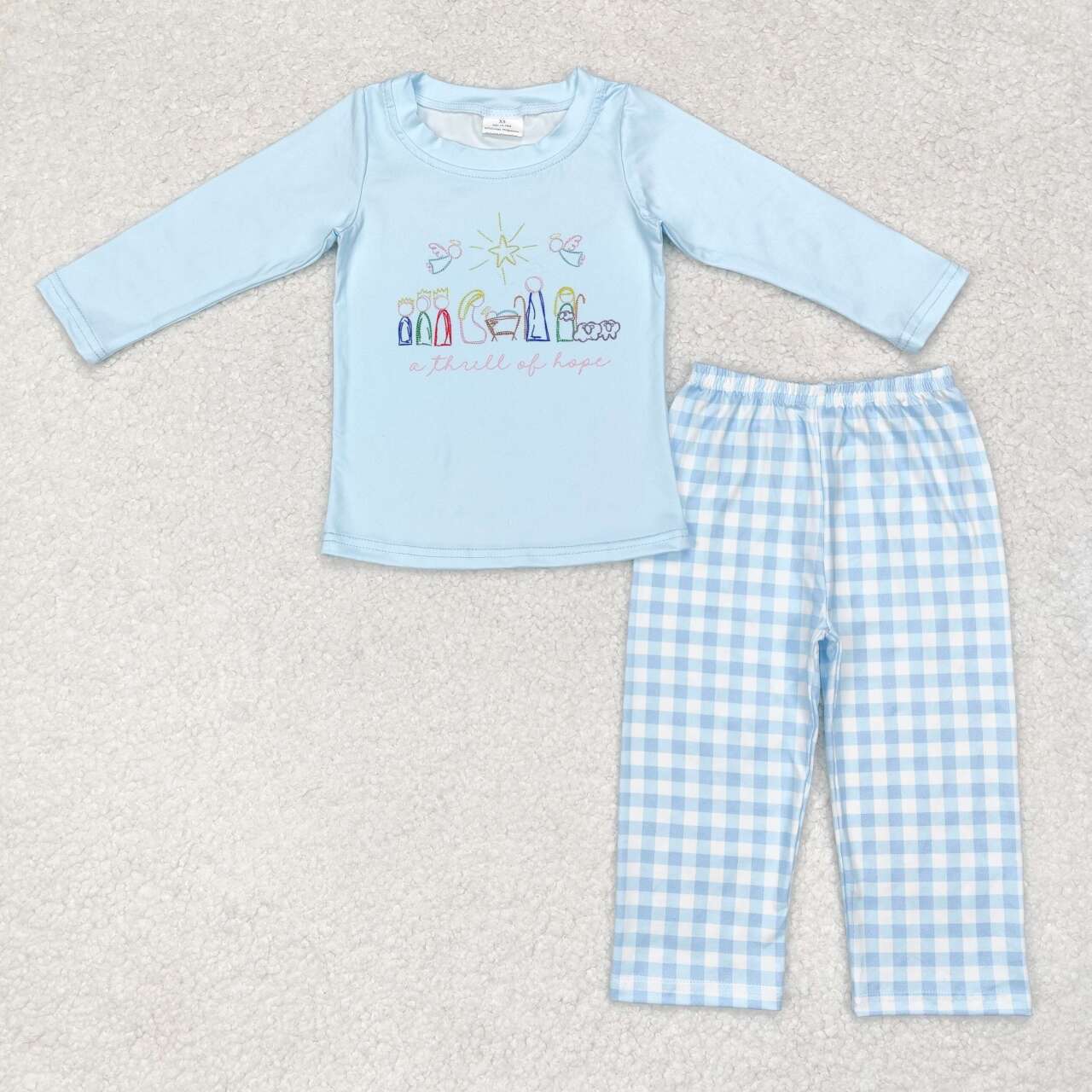 BLP0504 Nativity Hope Blue Checkered Print Boys Christmas Pajamas Clothes Set