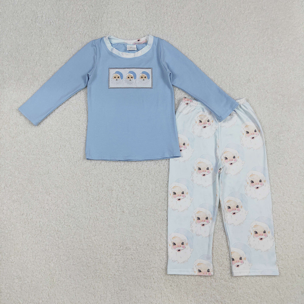 BLP0505 Santa Embroidery Top Blue Pants Boys Christmas Clothes Set